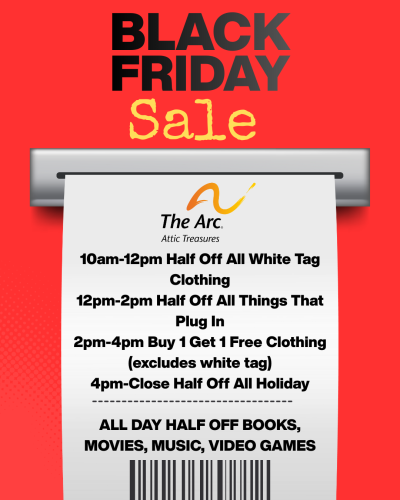 10am-12pm Half Off All White Tag Clothing 12pm-2pm Half Off All Things That Plug In 2pm-4pm Buy 1 Get 1 Free Clothing (excludes white tag) 4pm-Close Half Off All Holiday ALL DAY HALF OFF BOOKS, MO (1)